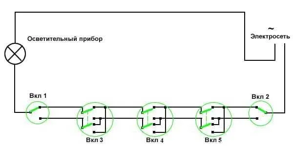 Схема подключения проходных выключателей на 5 точек