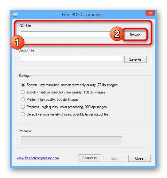 Переход к выбору PDF-файла в Free PDF Compressor