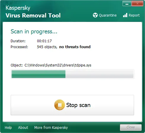 Процесс поиска угроз с помощью утилиты Kaspersky Virus Removal Tool