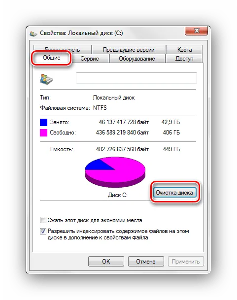 Свойства локальный диск, общие очистка диска Windows 7