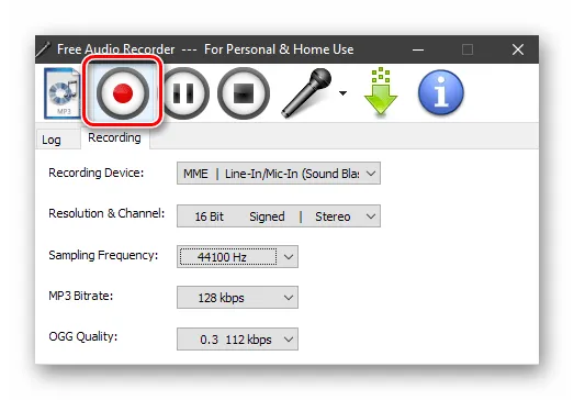 Запуск записи звука в программе Free Audio Recorder