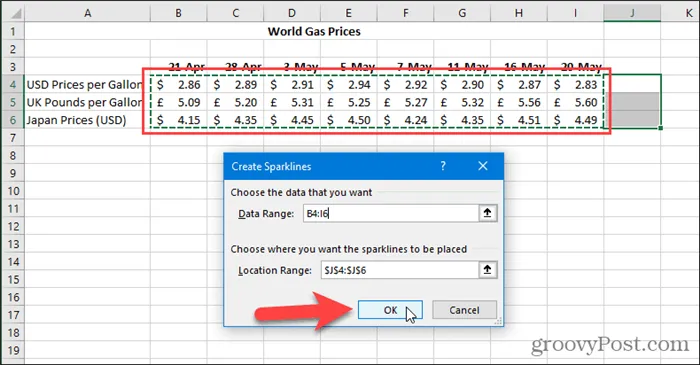 Диалог создания спарклайнов в Excel