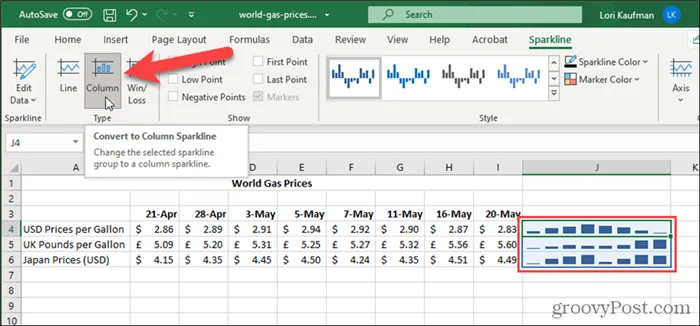 Изменить тип спарклайна в Excel