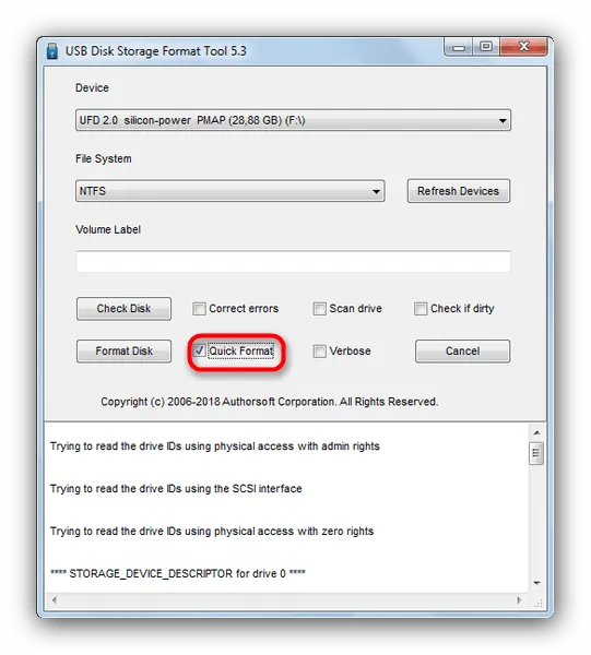 Выбрать быстрое форматирование флешки в USB Disk Storage Format Tool 5-3