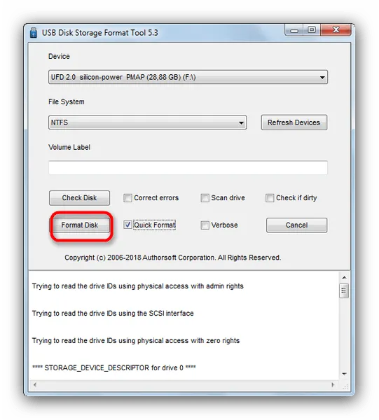 Приступить к возвращению флешке обычного состояния в USB Disk Storage Format Tool 5-3