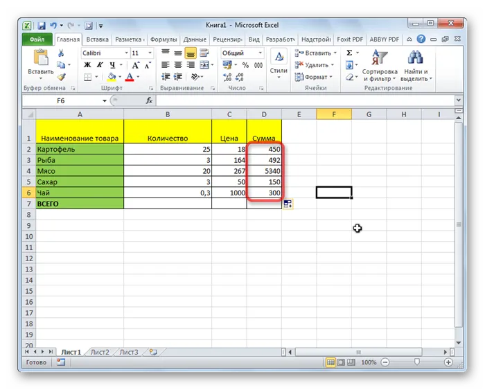 Столбцы перемножены в Microsoft Excel
