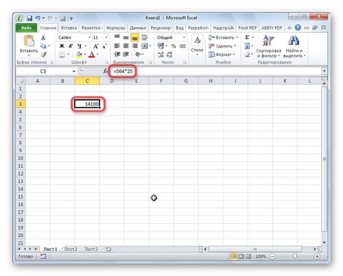 Результат простого умножения в Microsoft Excel