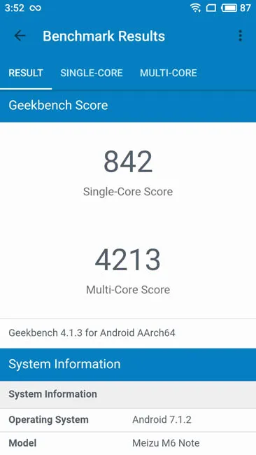 Тест производительности Meizu M6 Note в Geekbench 4