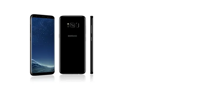 Three Galaxy S8 plus phones, one seen from the volume button side at a three-quarter angle with a graphic wallpaper onscreen, one seen from the rear, and one seen from the side