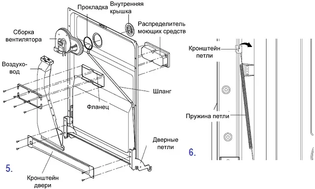 Схема отсоединения воздуховода и прилегающих компонентов при самостоятельном разборе посудомоечной машины