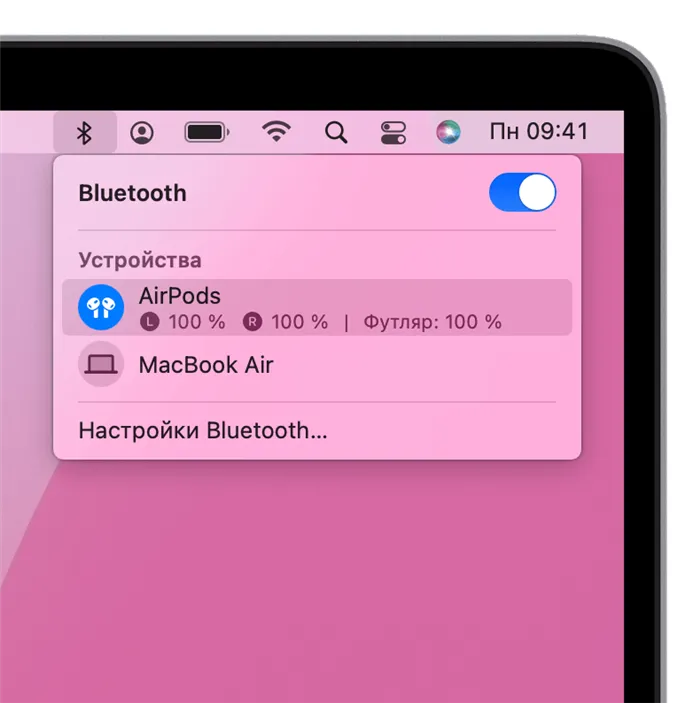 Настройки Bluetooth в строке меню на компьютере Mac