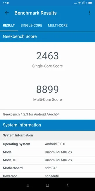 Тест производительности Xiaomi Mi MIX 2S в Geekbench 4