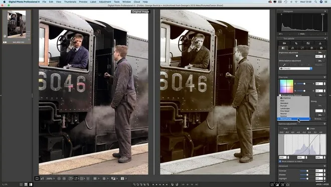 На фотографии двое мужчин стоят на подножке паровоза — цветное и монохромное изображение в ПО Canon DPP.