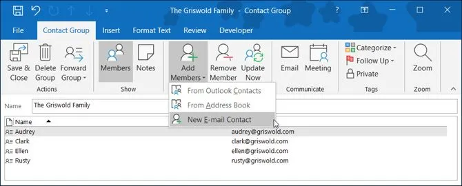 Новая группа контактов Outlook