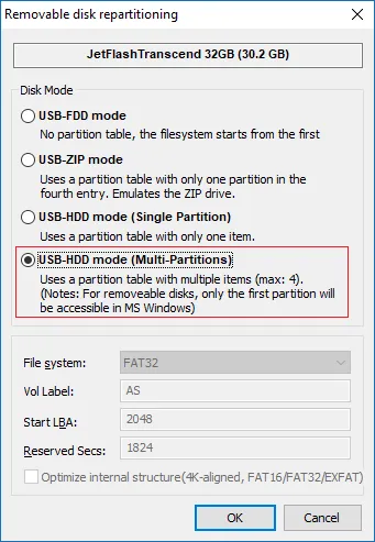 Выбираем USB-HDD mode (Multi-Partitions)