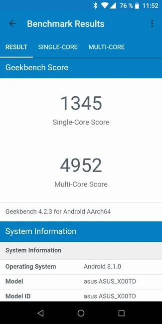 Тест производительности Asus Zenfone Max Pro (M1) в Geekbench 4