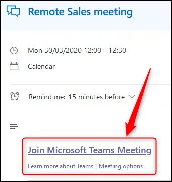 Событие в календаре Outlook Online, показывающее ссылку на собрание команд.