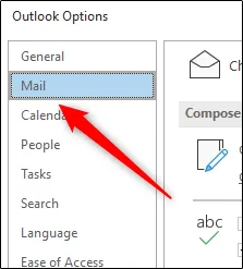 Вкладка Почта в окне параметров Outlook